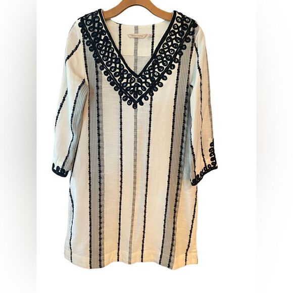 Soft Surroundings Sz XS Blk Coco De Mer Embroidered V-Neck Boho Tunic Dress - Picture 1 of 6